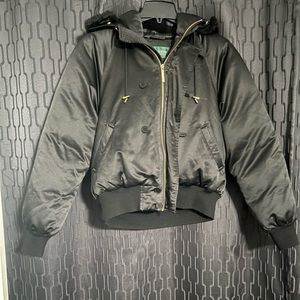 Lauren- Ralph Lauren Down Black Bomber Jacket with Faux fur hood Size Large